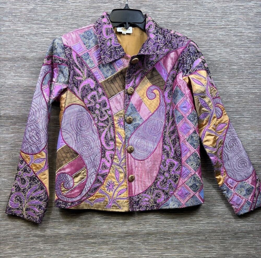 Sandy Starkman Jacket Womens S Multicolor Paisley Quilted Embroidered Art Boho